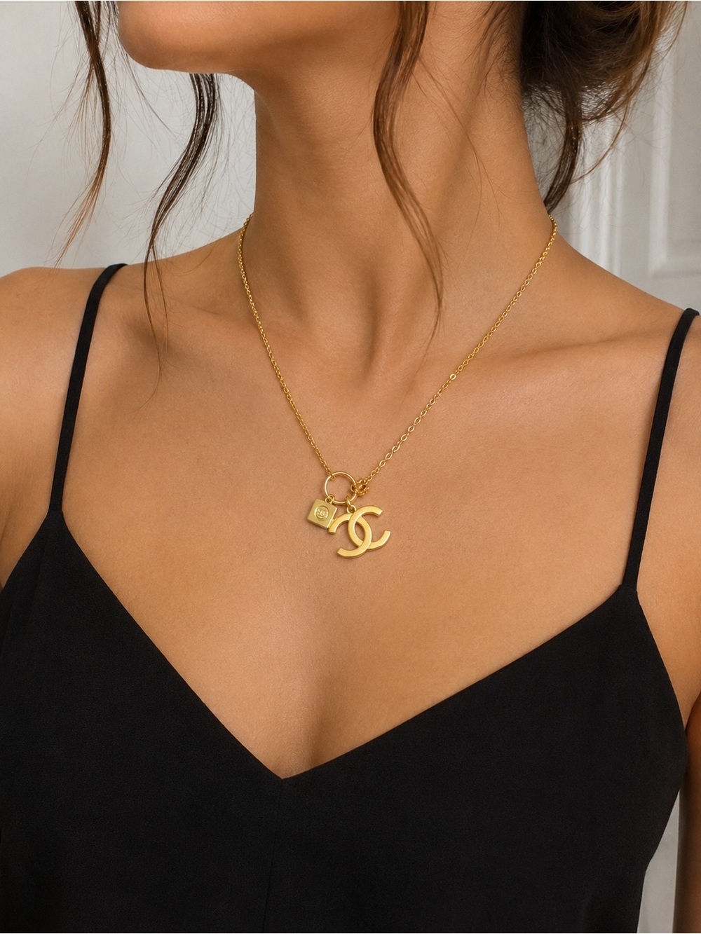 Gold Tone CC Logo Charm Pendant Necklace NWOT